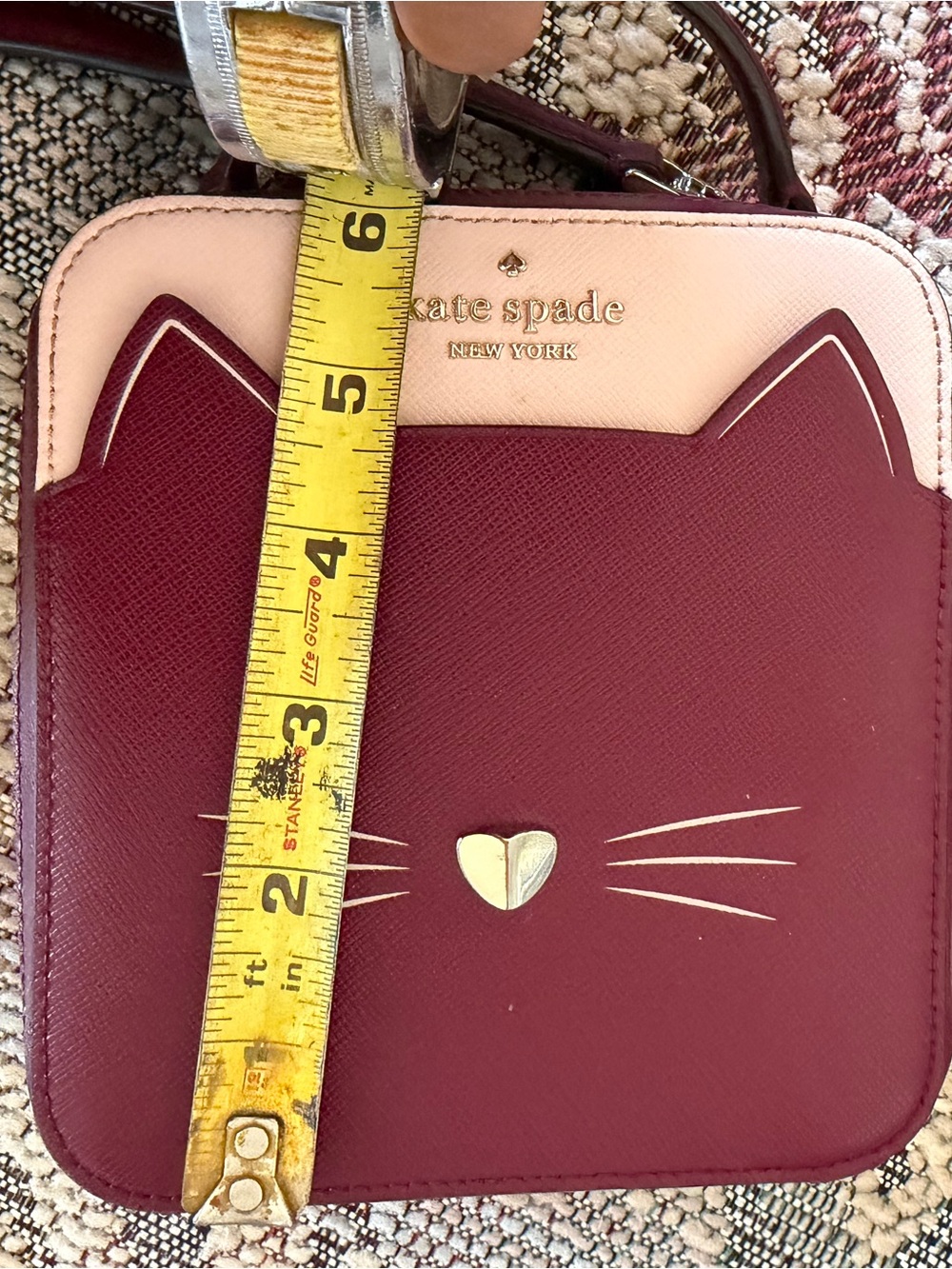 kate spade burgundy cat face purse with gold accent - Picture 2 of 4